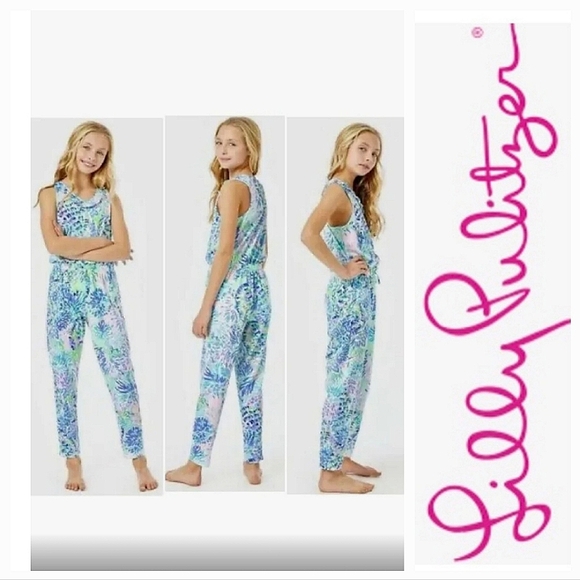 LILLY PULITZER Blue Multi Vala Jumpsuit in Shell of a Party Print Sz L NWT
